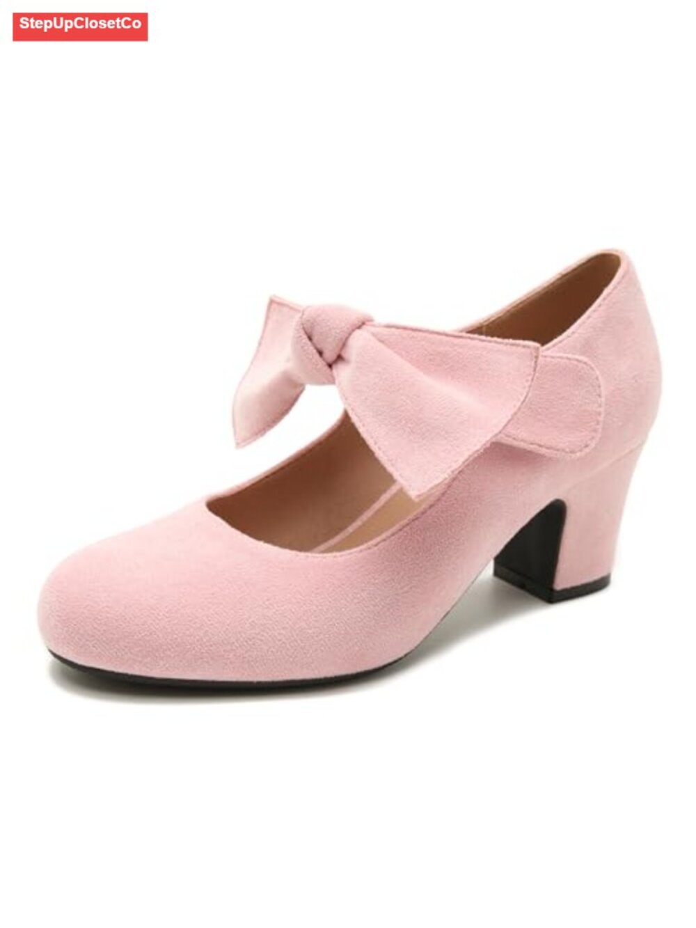Women's Chunky Heel Mary Jane Pumps Removable Bow Closed Toe Synthetic Suede